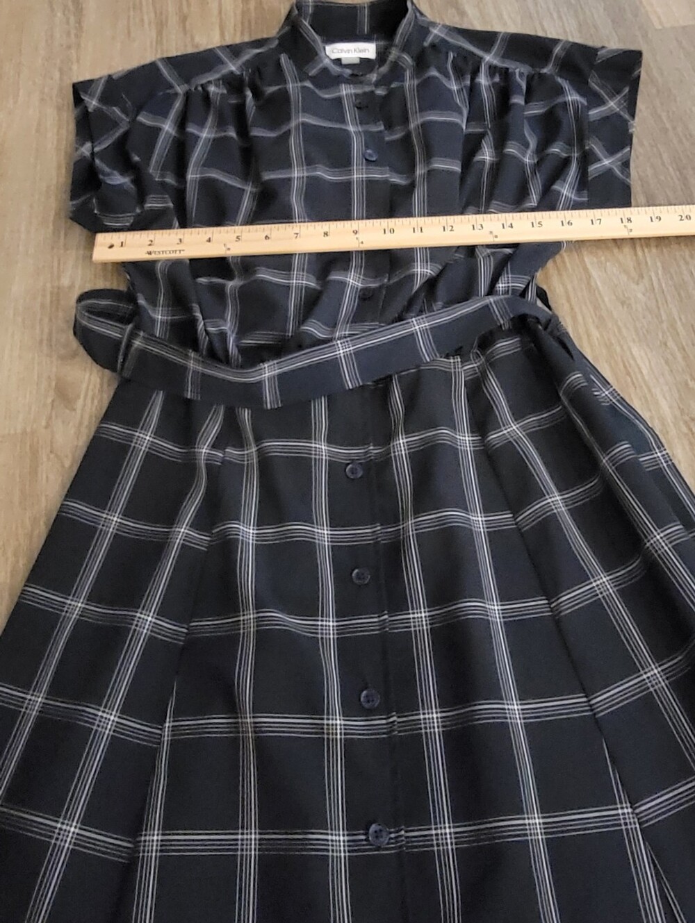 Calvin Klein Womens Size 8 Navy Blue Plaid Belted Midi Shirtdress - Picture 8 of 15